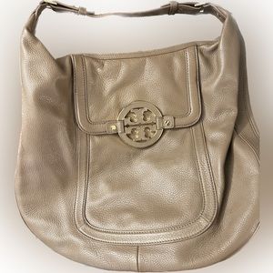 Tory Burch taupe hobo bag with gold accents